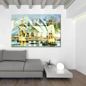 Weltcollage-Rom-London-Sydney-Barcelona-abstrakt-ausgefallene-Wanddeko-auf-Leinwand-Alu-Dibond-Acryldruck-Holzdruck