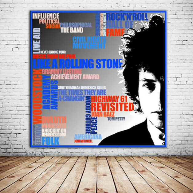 Bob-Dylan-Wandbild-Portrait-Typografisch-Begriffe-Quadratischer-Kunstdruck-individuell-Leinwand-Holzdruck-Wandansicht