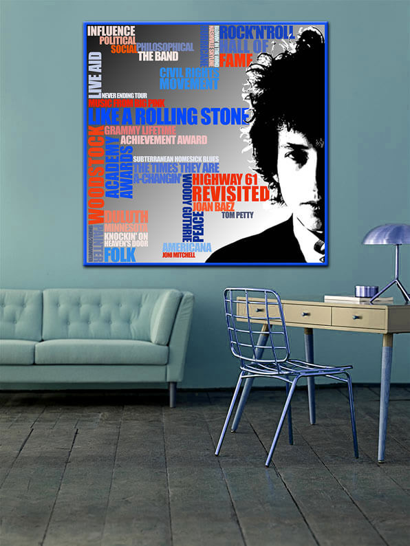 Bob-Dylan-Wandbild-Portrait-Typografisch-Begriffe-Quadratischer-Kunstdruck-individuell-Leinwand-Holzdruck-Wandansicht