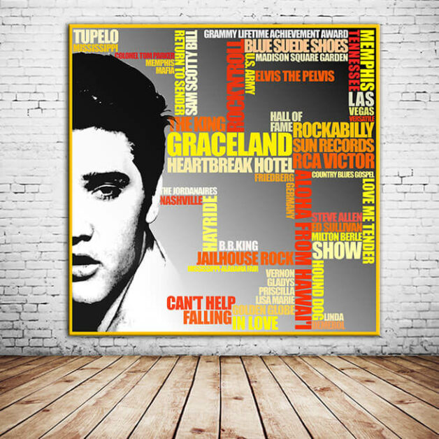Typografisches-Wandbild-Collage-Begriffe-Elvis-Presley-Begriffe-Individuell-Leinwand-Kunstbild-bestellen-Wohnzimmer