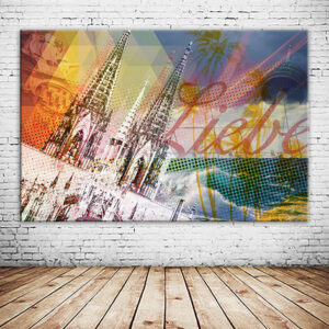 Liebe Deinen Dom Kölner Dom Collage mit Liebe Deine Stadt bunt als Wandbild auf Leinwand oder als Holzdruck