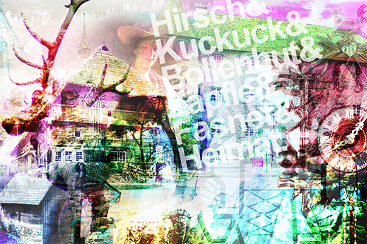 Bollenhut Schwarzwald-Collage Hirsch Schwarzwaldhaus Kuckucksuhr Heimat XXL Rahmen