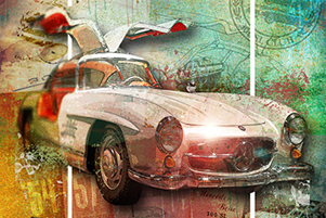 Auto-Collage Mercedes 500 SL Oldtimer Sammlerstück auf Leinwand 3D