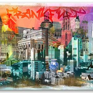Frankfurt Skyline Wandbild als Leinwand-Druck Collage kaufen Wandansicht Wohnzimmer