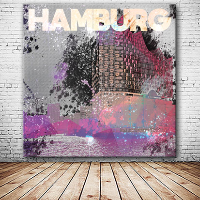 Hamburg Wandbild Elbphilharmonie abstrakter Kunstdruck mit Schriftzug Wandansicht Holzdielen