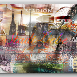 Köln Leinwand Collage Stadtliebe mit Dom, Effzeh, Karneval und Stadion Wandansicht